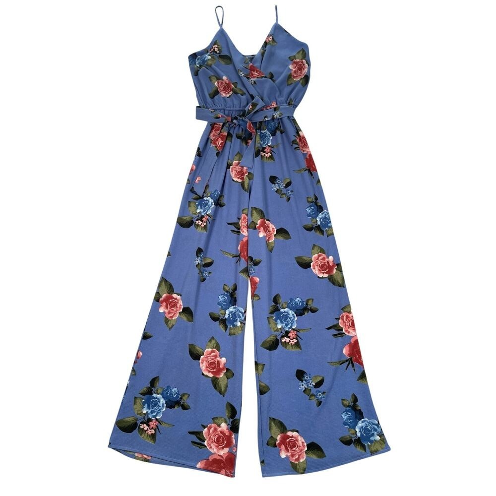 Charlotte Russe Jumpsuit Womens Large Blue Floral‎ Crepe Wide Leg Sash Tie